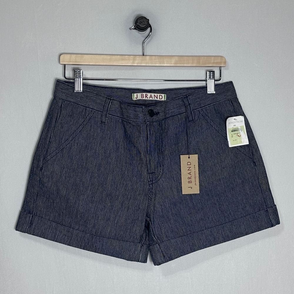 NWT - J Brand Railroad Stripe Cuffed Denim Shorts Navy White Style Womens 28